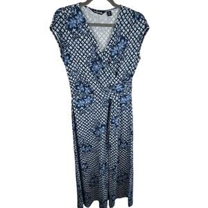 Lands' End Floral Blue White Faux Wrap Cap Sleeve Stretchy Maxi Dress Size S